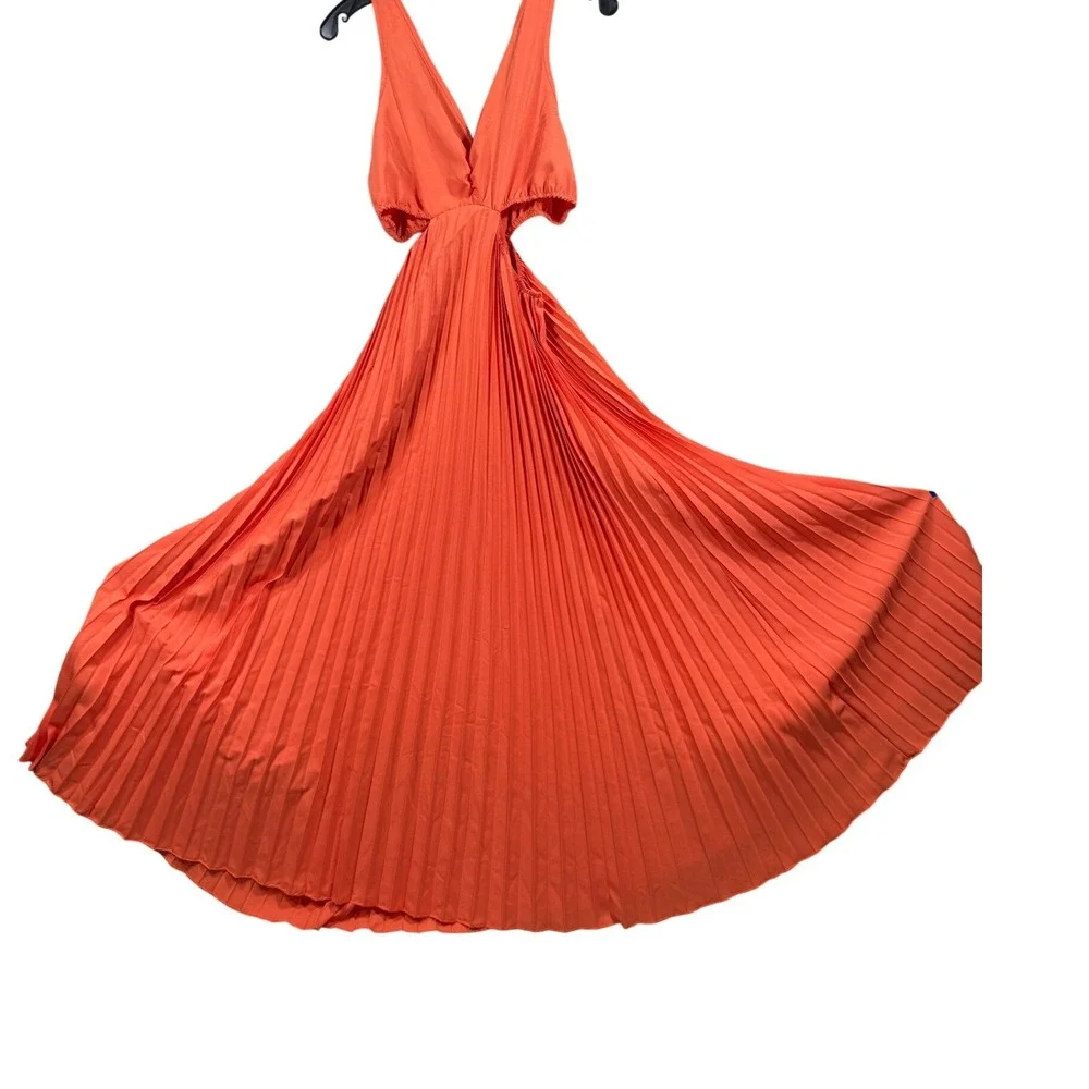 Orange Cut Out Pleated V-Neck Maxi Dress Sleeveless Summer Vacation Large Cruise - Picture 6 of 12
